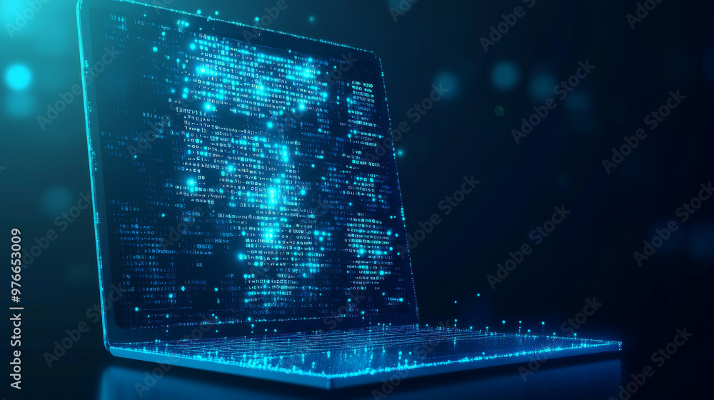 Poster abstract programming code icon displayed on a laptop screen, designed in a light blue low poly futur