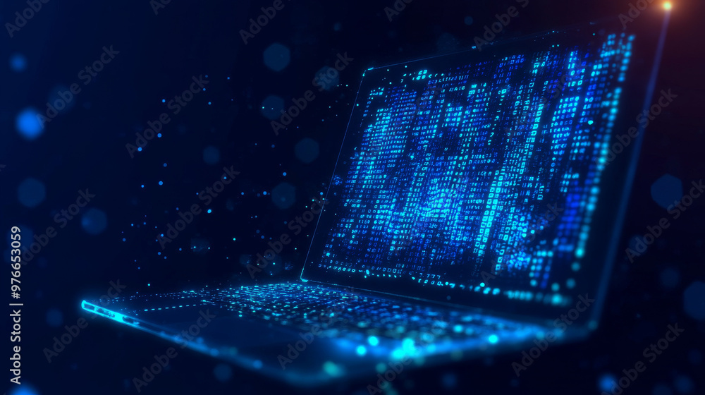 Poster abstract programming code icon displayed on a laptop screen, designed in a light blue low poly futur