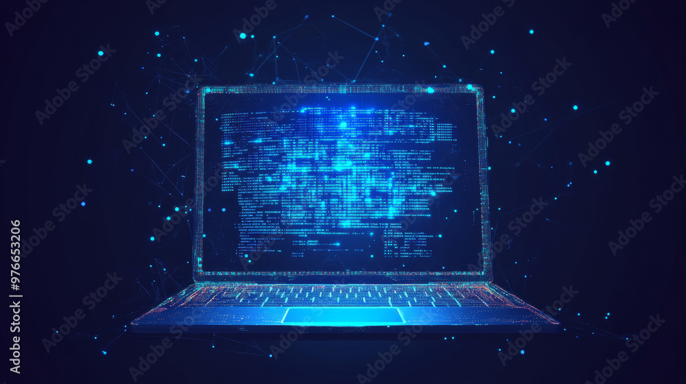 Poster abstract programming code icon displayed on a laptop screen, designed in a light blue low poly futur