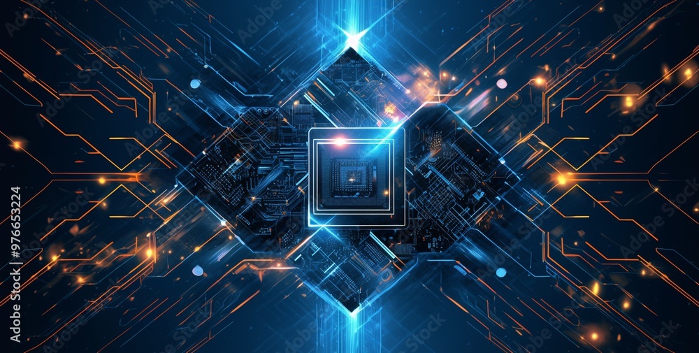 Wall mural abstract digital circuit board with glowing lights and lines.