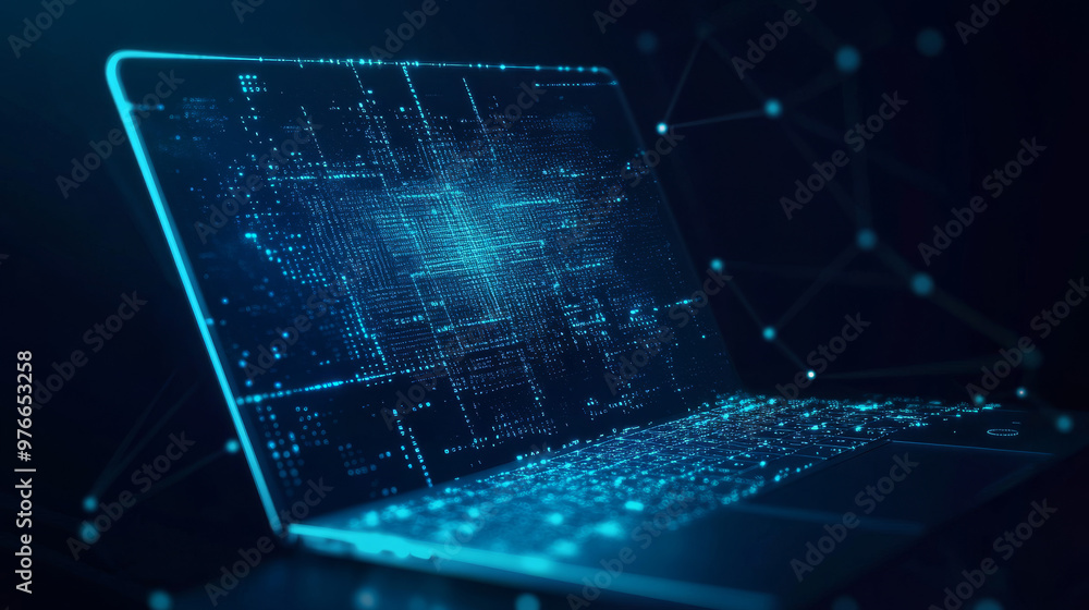 Poster abstract programming code icon displayed on a laptop screen, designed in a light blue low poly futur