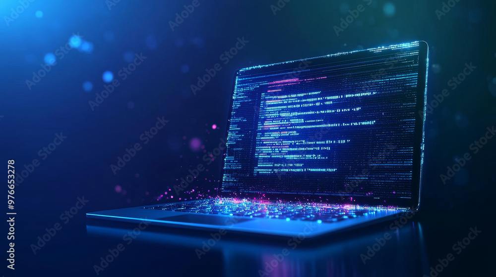 Poster abstract programming code icon displayed on a laptop screen, designed in a light blue low poly futur