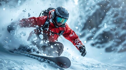 A snowboarder carving through fresh snow in a mountainous landscape.