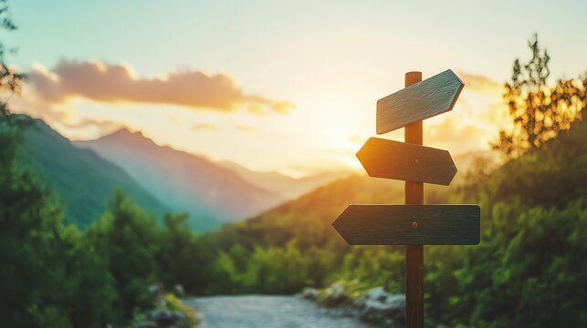 Naklejki A wooden signpost with three blank directional arrows, set against a backdrop of a mountain range at sunset.