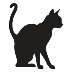 This is a simple black and white illustration of a cat silhouette. The cat is sitting with its tail curled.