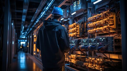 A technician working on electrical panels in a dimly lit environment.