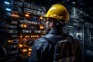 A technician examines illuminated server equipment in a dark environment.