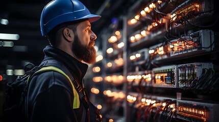 A technician inspects electrical panels in an industrial setting.