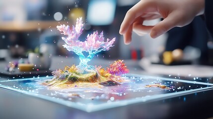 An avant-garde esports tournament with shifting holographic gaming arenas and bioluminescent player stations promoting competitive gaming