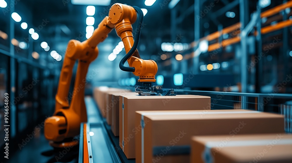 Poster a robot is working on a conveyor belt with boxes. the robot is orange and has a black head.generativ