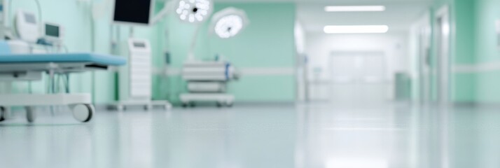 A bright and clean hospital hallway featuring various medical equipment and a sense of sterility, reflecting the healthcare environment and readiness for medical care.