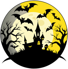 Haunted Halloween Night: A spooky silhouette of a haunted house, looming against a backdrop of a full moon and a swarm of bats. Perfect for Halloween decorations, invitations, or spooky themed project