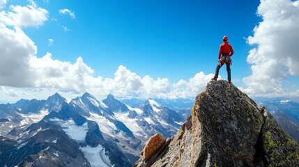 A hiker stands on a mountain peak with a backpack and admires the view.
