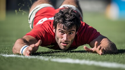 A rugby player dives to score a try, with his hand reaching for the try line.