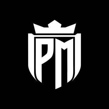 recommend clip art: PM Letter logo shield shape inside shield badge crown on black background template design