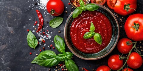 Aerial perspective of tomato sauce in a bowl accompanied by basil, chili, and fresh tomatoes.