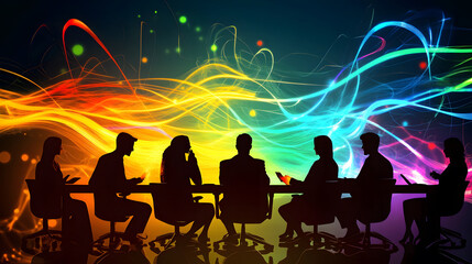 A group of diverse individuals engaged in meeting, silhouetted against vibrant, colorful background of flowing light patterns. scene conveys sense of collaboration and creativity