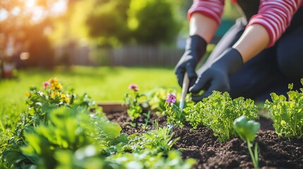 A person gardening in a sunny garden.