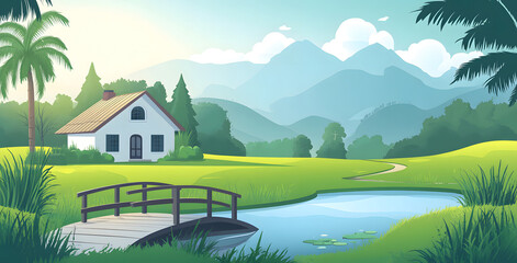 A beautifully designed modern house set in a peaceful natural landscape, surrounded by lush greenery, tall pine trees, and a clear pond in the foreground. Snow-capped mountains rise in the background,