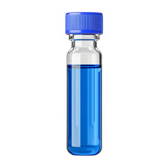 Blue liquid in glass vial with blue cap, laboratory concept