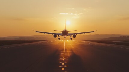 An airplane lands on a runway at sunset.