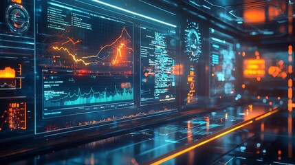 Interactive weather map showing temperature trends, hologram style, futuristic lab environment, vibrant colors