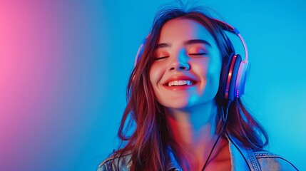 A young woman enjoying music with headphones in vibrant lighting.