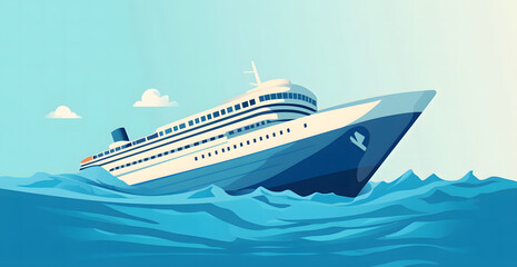 Fototapeta premium A stylized illustration of a sinking cruise ship in the ocean, tilting as it submerges into the water. The calm blue waters and clear sky with clouds create a contrasting serene backdrop to the drama