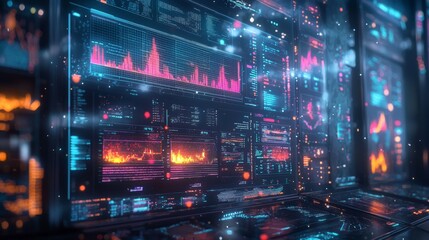 Interactive weather map showing temperature trends, hologram style, futuristic lab environment, vibrant colors