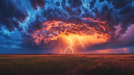 Nature's electric power captured in a storm, lightning bolts arcing across the sky with intense...