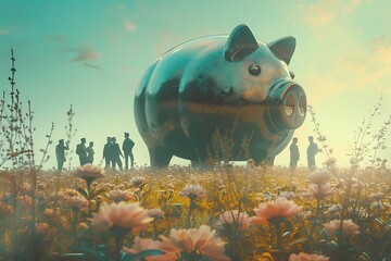 A giant piggy bank stands amidst flowers and silhouettes of people.