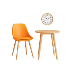 Modern orange chair next to round wooden table and wall clock