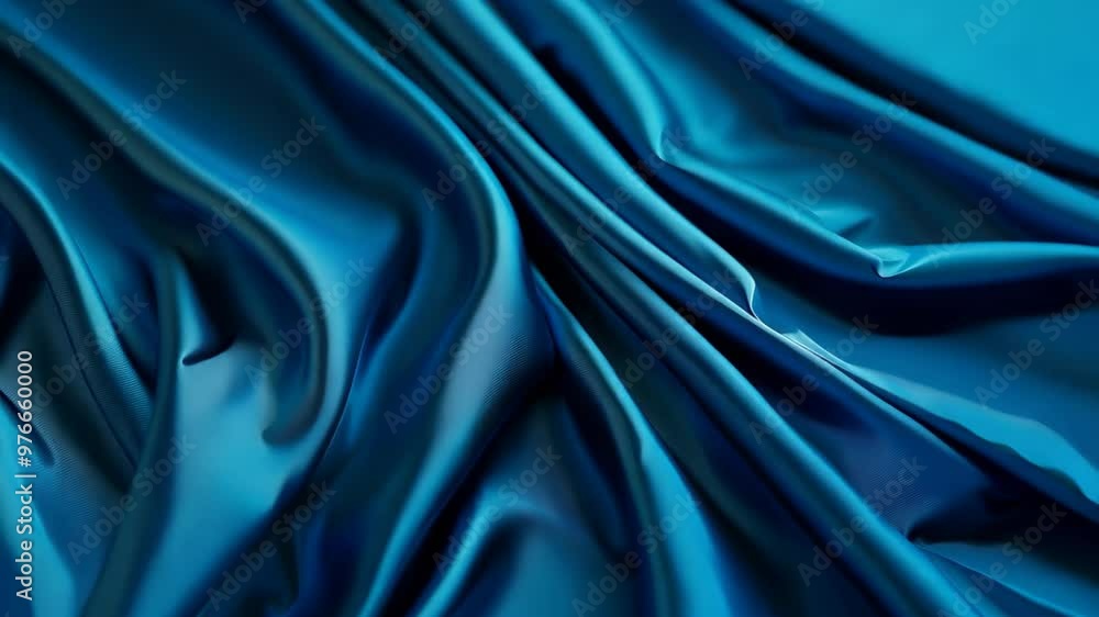 Poster a close-up of deep blue satin draped in wave-like folds, reflecting light and adding depth. perfect 