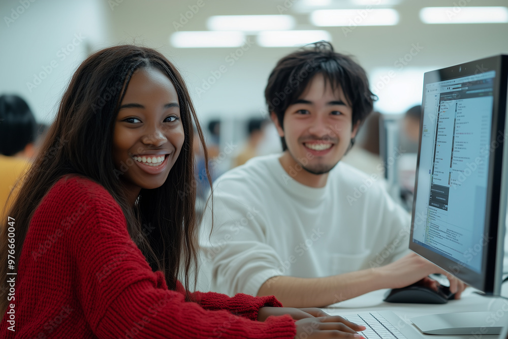 Wall mural two young people look happy as they work together to create an online platform for their small busin