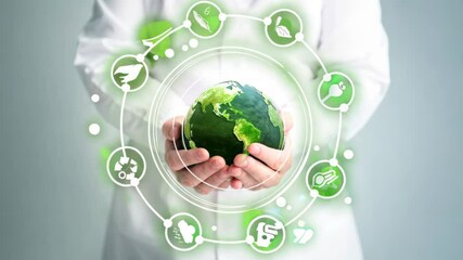 A healthcare professional in a white coat holds a vibrant globe, surrounded by glowing green icons representing sustainable energy and environmental care, highlighting health and sustainability themes
