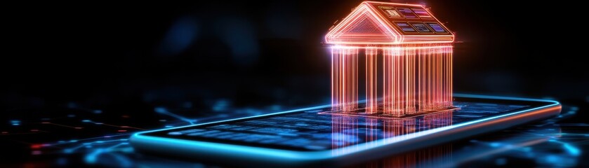 A digital house icon projected on a smartphone screen, representing modern technology in real estate and banking.