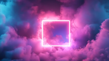 A pink neon square frame glowing in front of a blue and pink cloudscape.