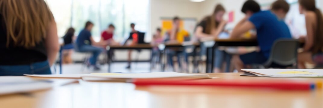 A classroom filled with students diligently working at their desks, captured from a low angle that focuses on the atmosphere of learning, concentration, and academic pursuit.