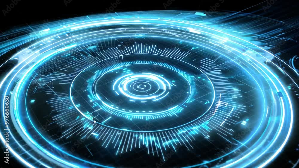 Poster digital a vibrant circular interface in blue and white, featuring intricate lines on a dark backgrou
