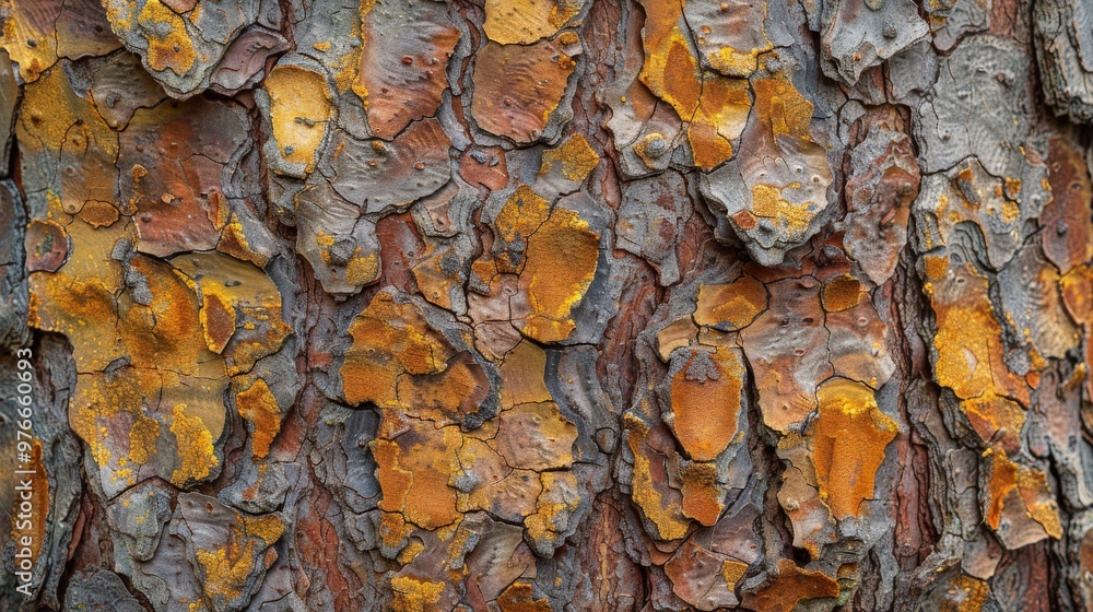 Poster close-up of tree bark with yellow and orange patterns