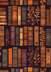 A diverse collection of colorful books stacked neatly on top of each other against a vibrant green background adorned with flowers and leaves