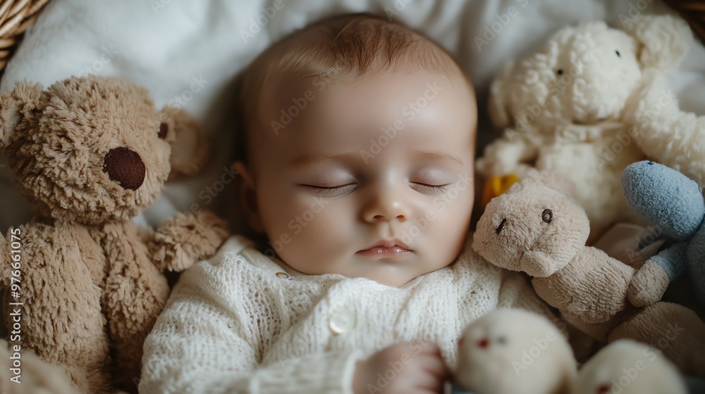 Canvas Prints A newborn baby sleeps soundly wrapped in a soft blanket in a wicker basket.