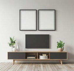 Minimalist living room interior with TV and two empty frames, modern design sideboard and indoor plants. 3D illustration.