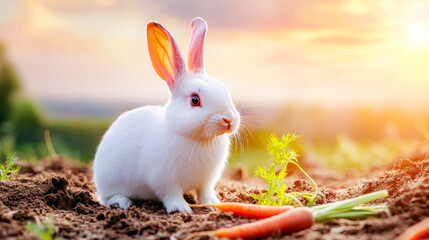 White bunny hopping through a field of giant carrots.