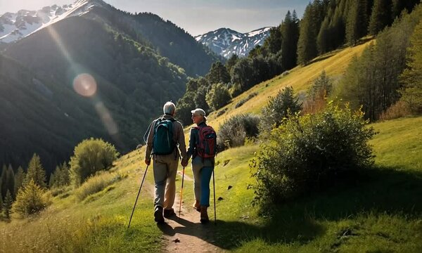 senior couple hiking in the mountains