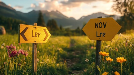 A wooden signpost in a meadow with two arrows pointing in opposite directions, one to "LRP", and the other to "NOV".
