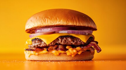 A cheeseburger with bacon and red onion on an orange background.