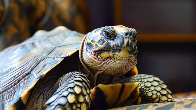 A close-up of a tortoise relaxing on a textured leather chair, showcasing intricate shell patterns in rich browns and yellows, illuminated by soft natural light.