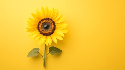 A single sunflower against a yellow background.