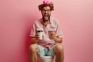 A man sitting on a toilet, holding coffee and a phone, in a playful setting.